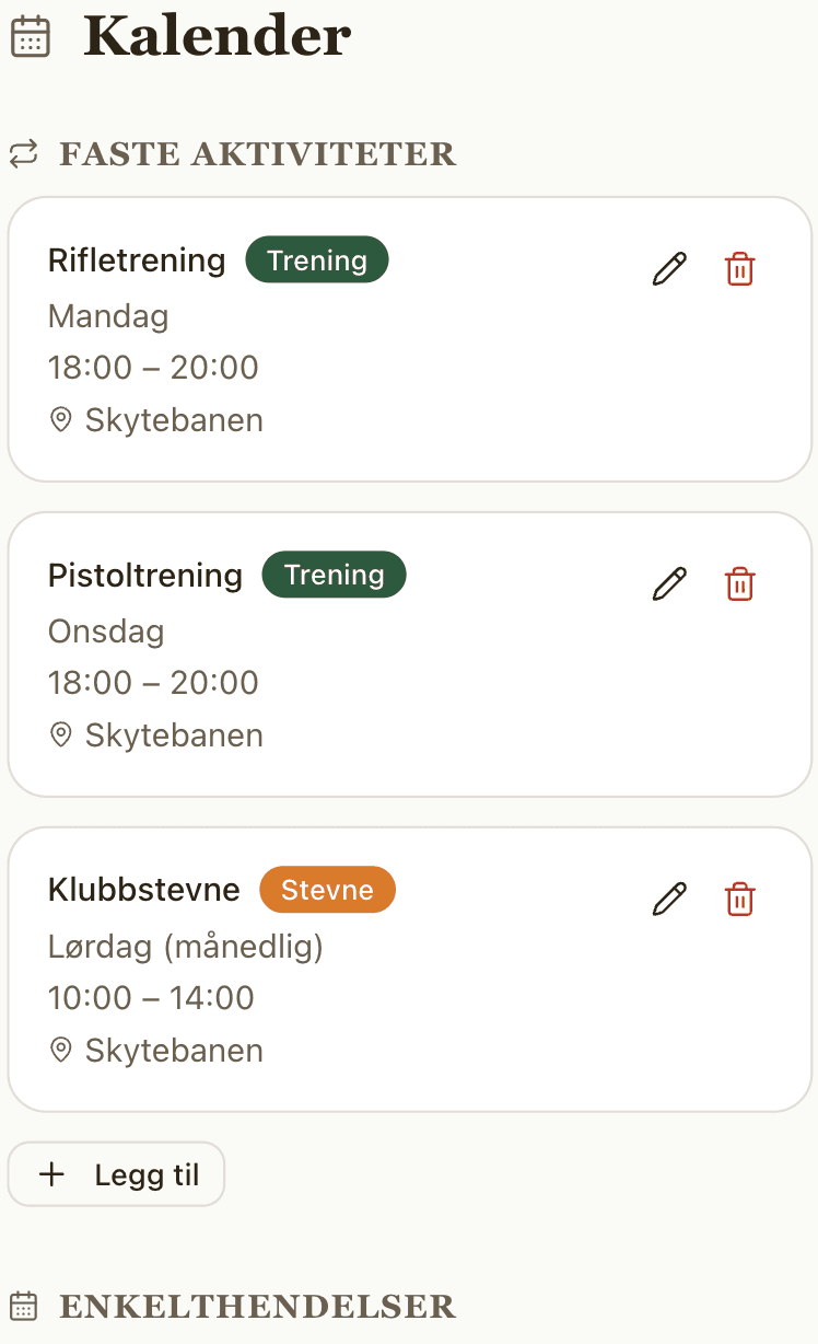 Kalendervisning med faste aktiviteter og enkelthendelser