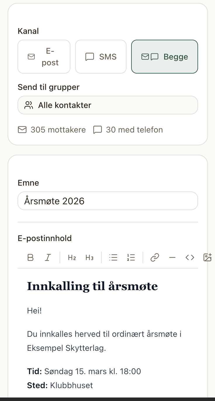 Meldingseditor med e-post og SMS-innhold
