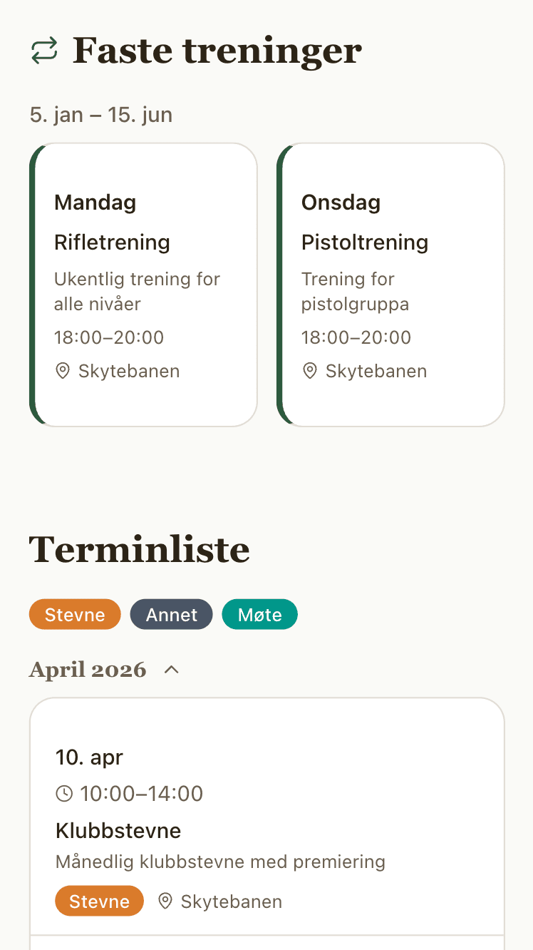 Offentlig klubbside med treninger og terminliste