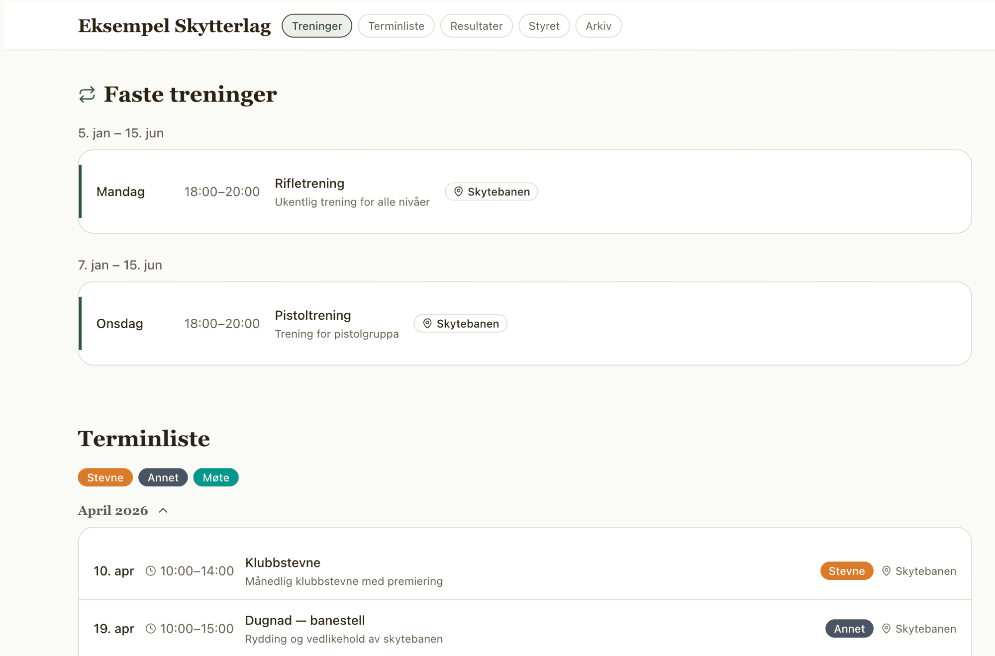 Offentlig klubbside med treninger og terminliste