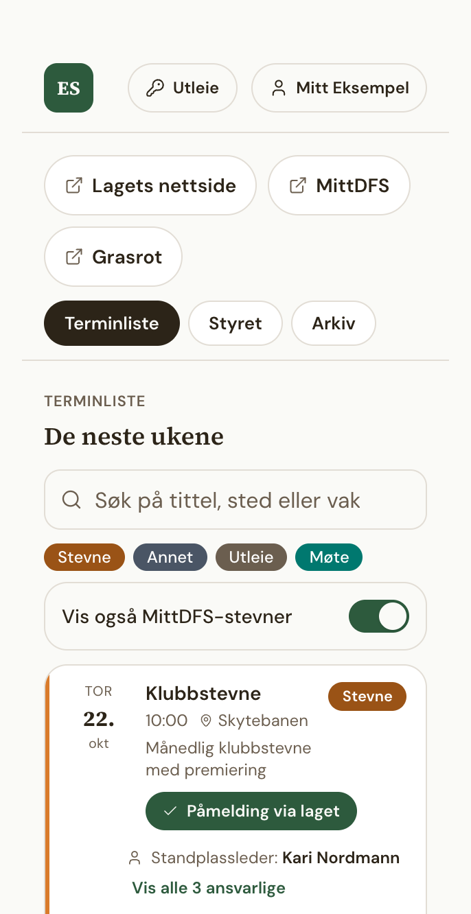 Lagsida til et eksempellag, med terminliste og påmelding